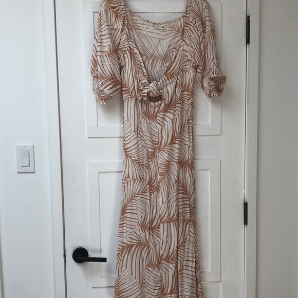 Roxy Evening Delight midi dress front bow tie palm frond pattern L - Picture 3 of 11